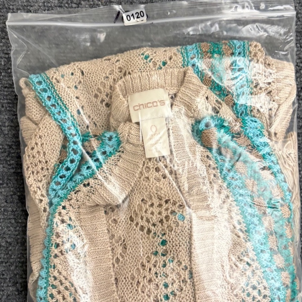 Chicos Linen Open Knit Cardigan Tan Teal Fringe Short Sleeve Size 0 Petite - Picture 8 of 8